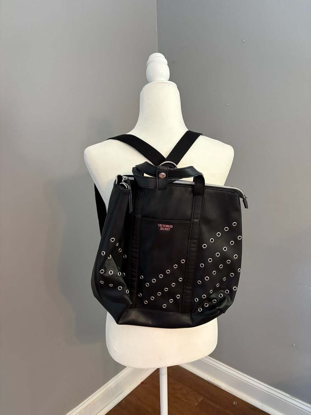 Victoria's Secret Black Grommet Studded Convertible Tote Backpack